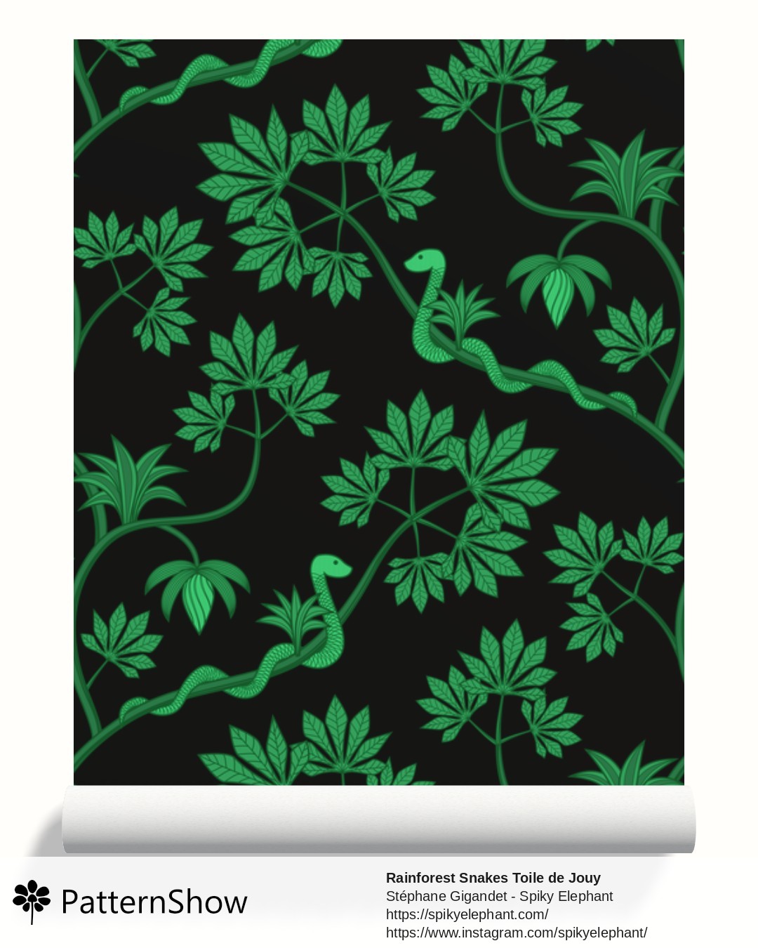 Rainforest Snakes Toile de Jouy wallpaper - Bright Neon Green Black