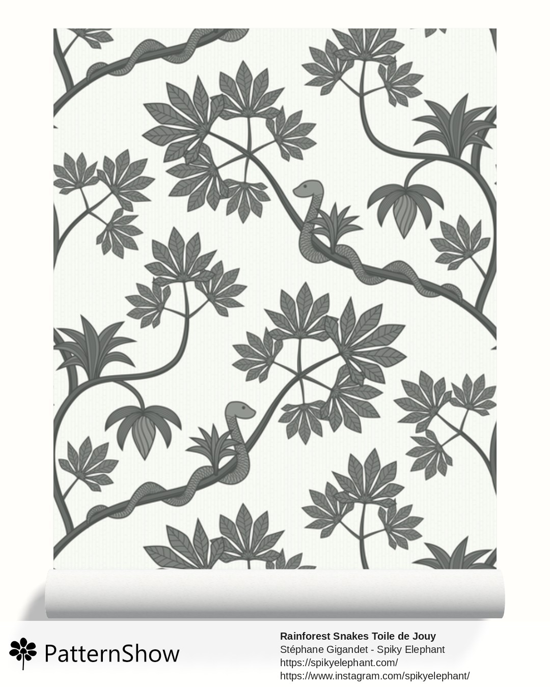 Rainforest Snakes Toile de Jouy wallpaper - Silver Grey Black White