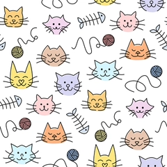 Cute Cat Faces Doodle Pets - Pastel Colors White Background