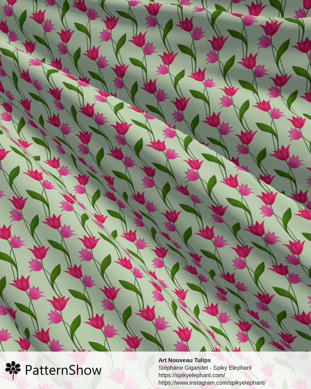 Art Nouveau Tulips - Magenta Red Rose Pink on Light Green
