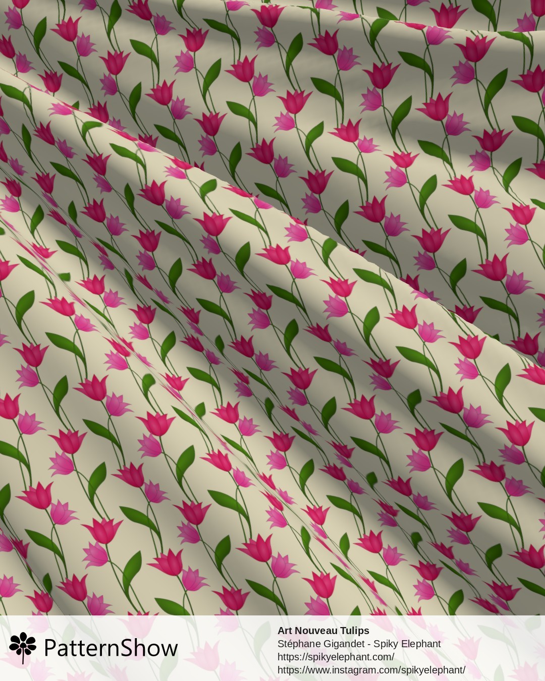 Art Nouveau Tulips - Magenta Red Rose Pink on Light Yellow