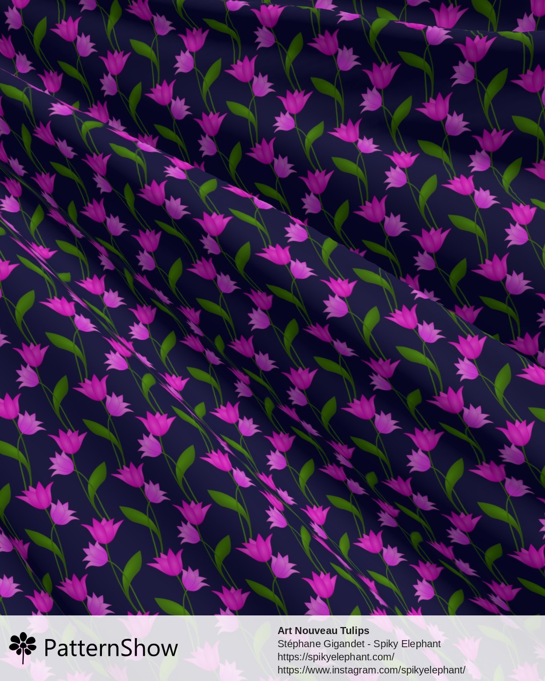 Art Nouveau Tulips - Purple Mauve Pink Violet on Navy Blue