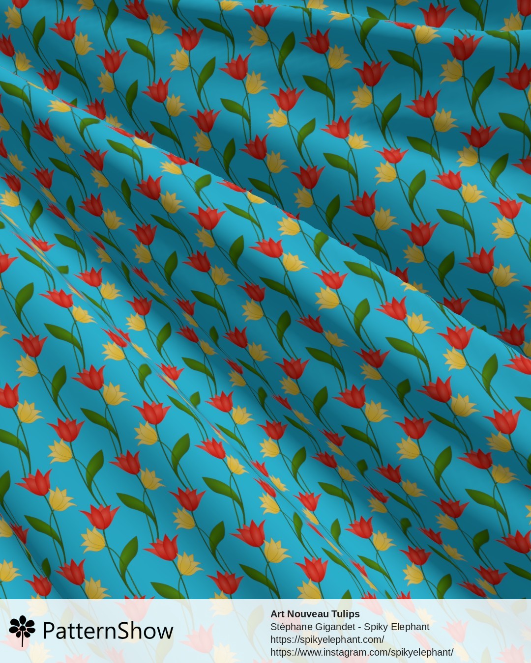 Art Nouveau Tulips - Red Orange Yellow on Sky Blue