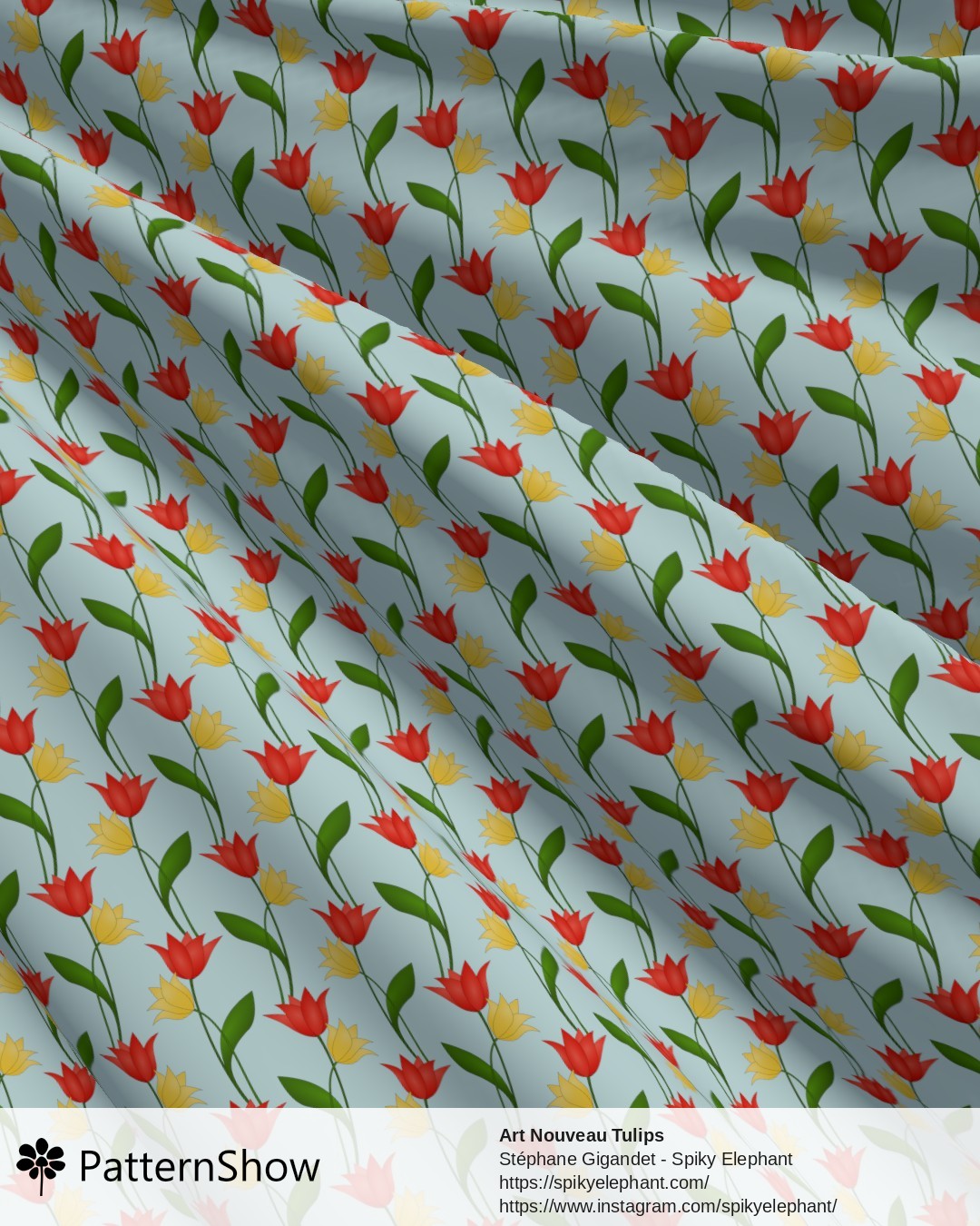 Art Nouveau Tulips - Red Orange Yellow on Light Blue