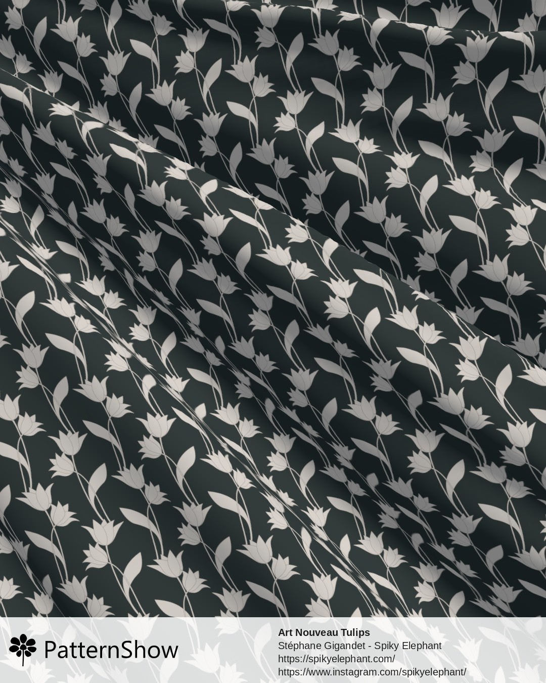 Art Nouveau Tulips - White on Dark Grey Teal