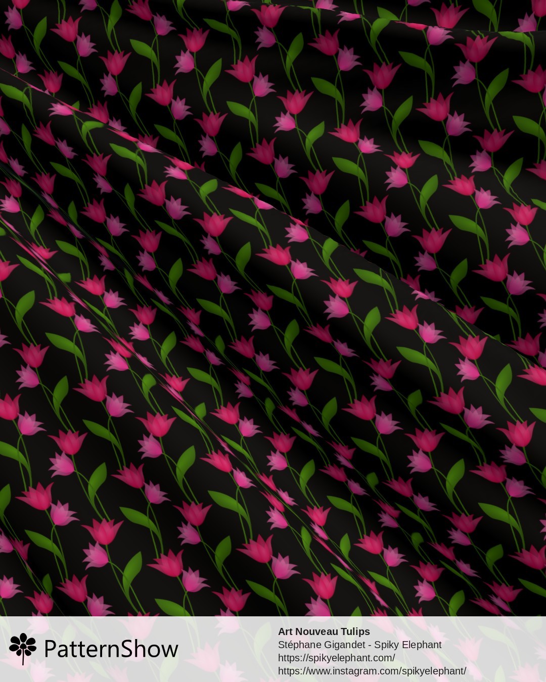 Art Nouveau Tulips - Transparent Red Pink Fuschia on Black