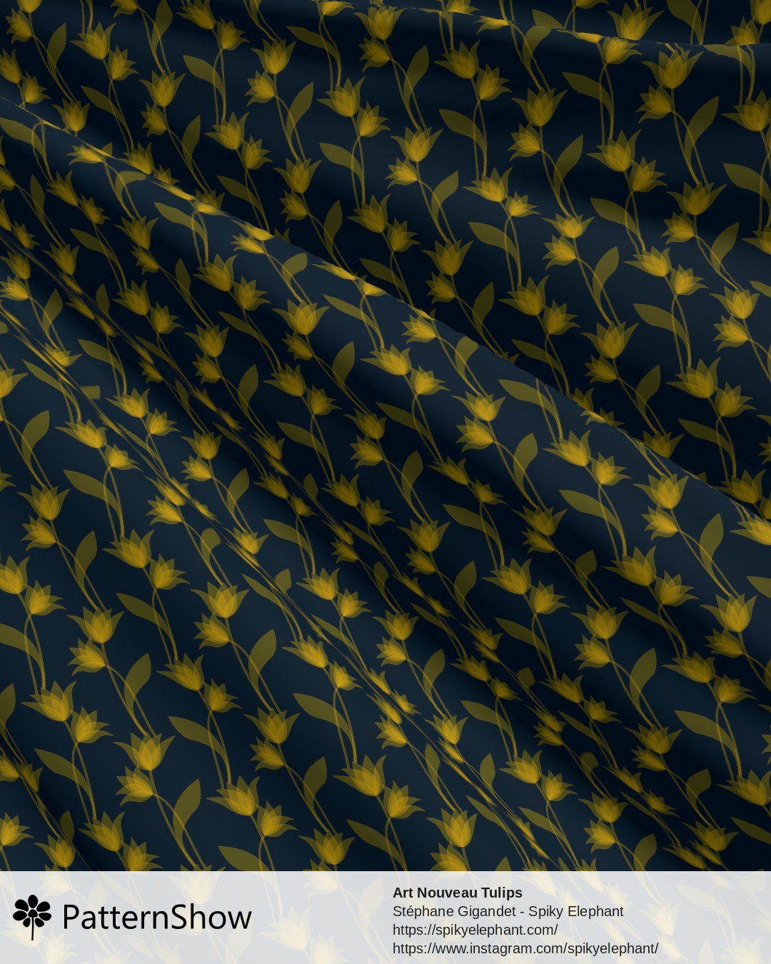 Art Nouveau Tulips - Golden Yellow on Dark Teal