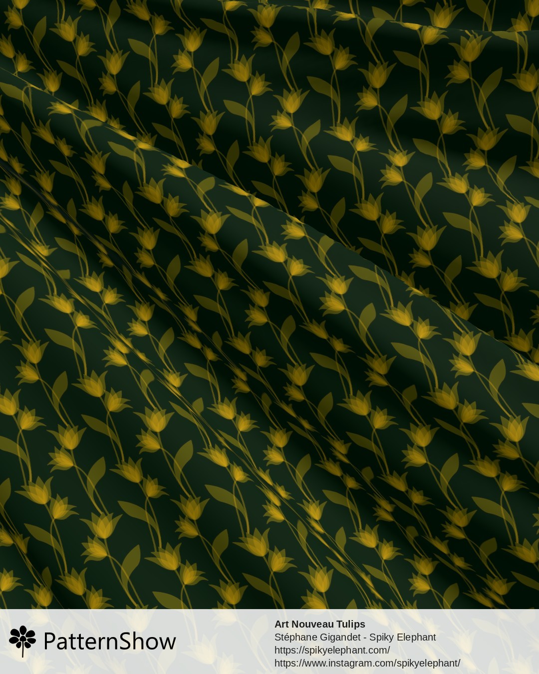 Art Nouveau Tulips - Golden Yellow on Dark Emerald Green
