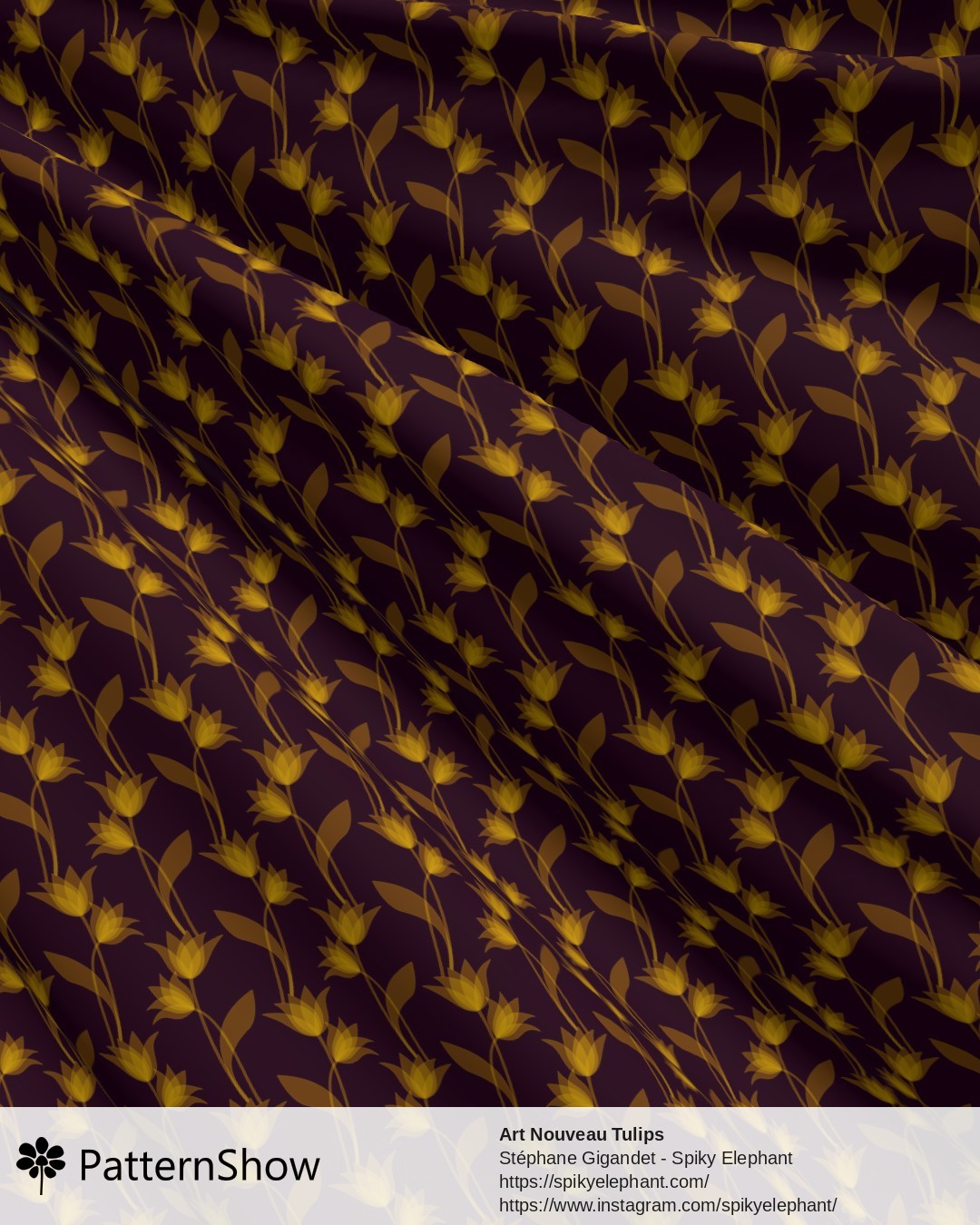 Art Nouveau Tulips - Golden Yellow on Dark Purple Burgundy