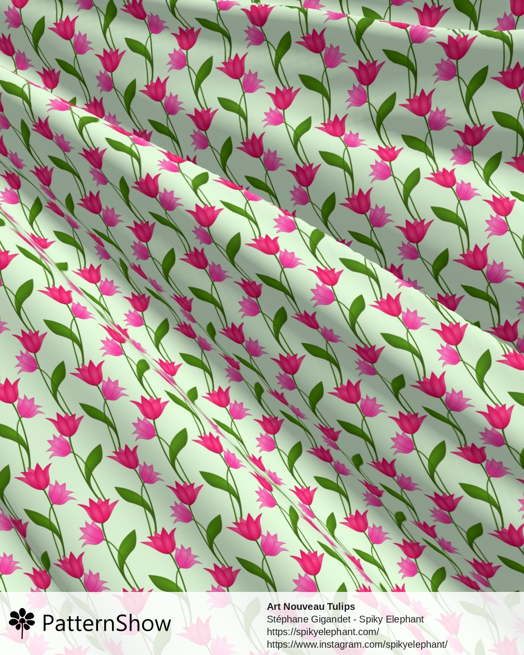 Art Nouveau Tulips - Magenta Red Rose Pink on Light Green