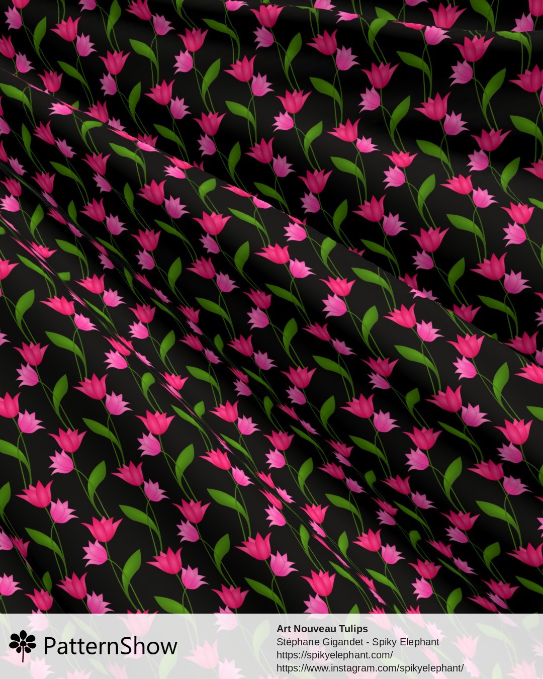 Art Nouveau Tulips - Magenta Red Rose Pink on Black