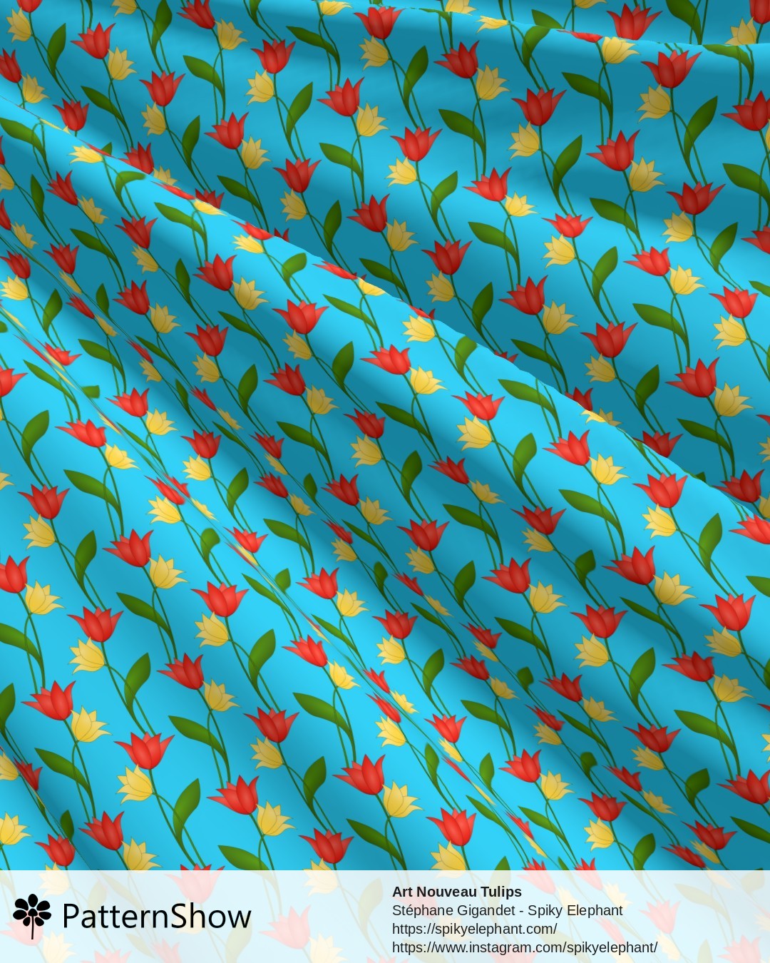 Art Nouveau Tulips - Red Orange Yellow on Sky Blue