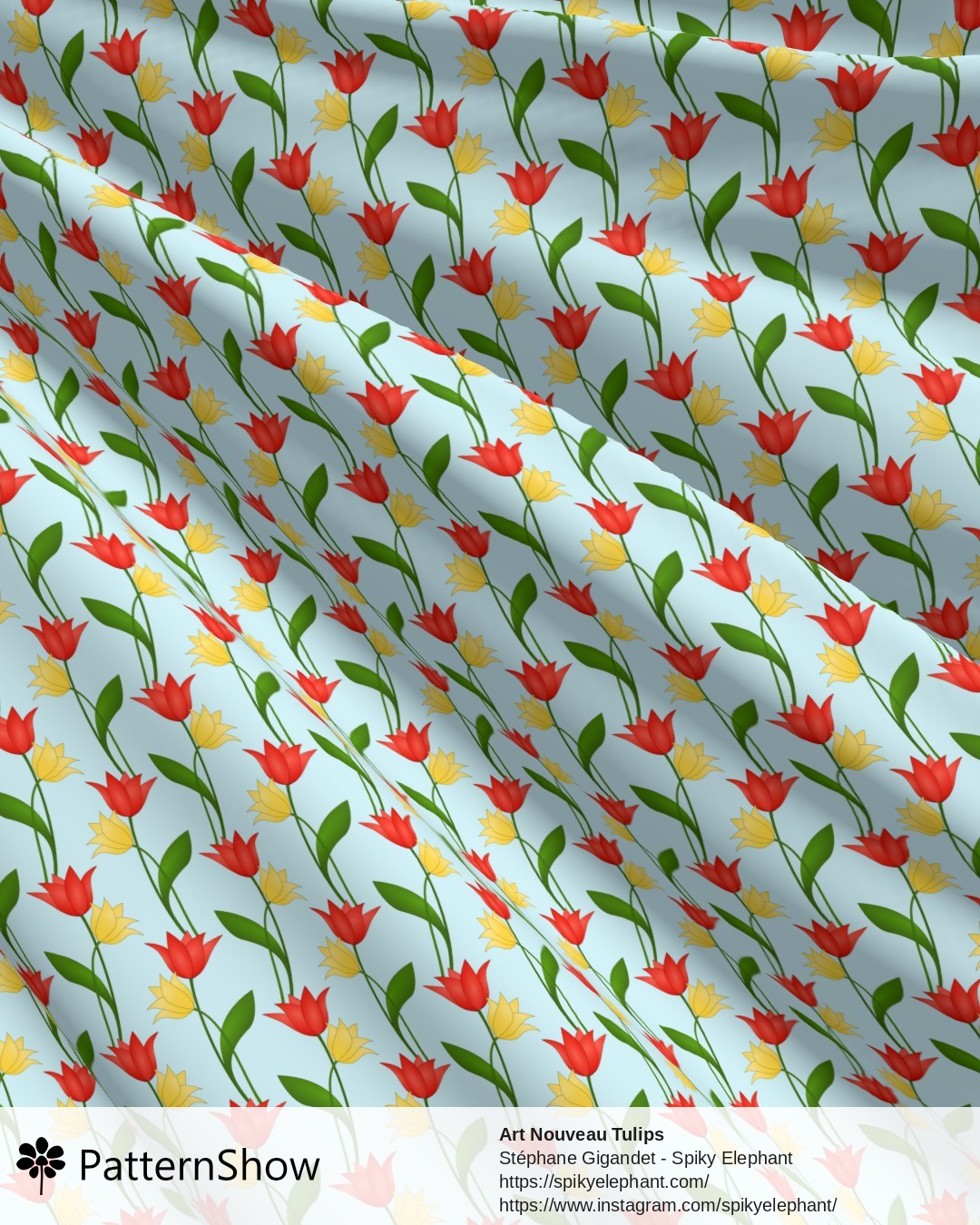 Art Nouveau Tulips - Red Orange Yellow on Light Blue