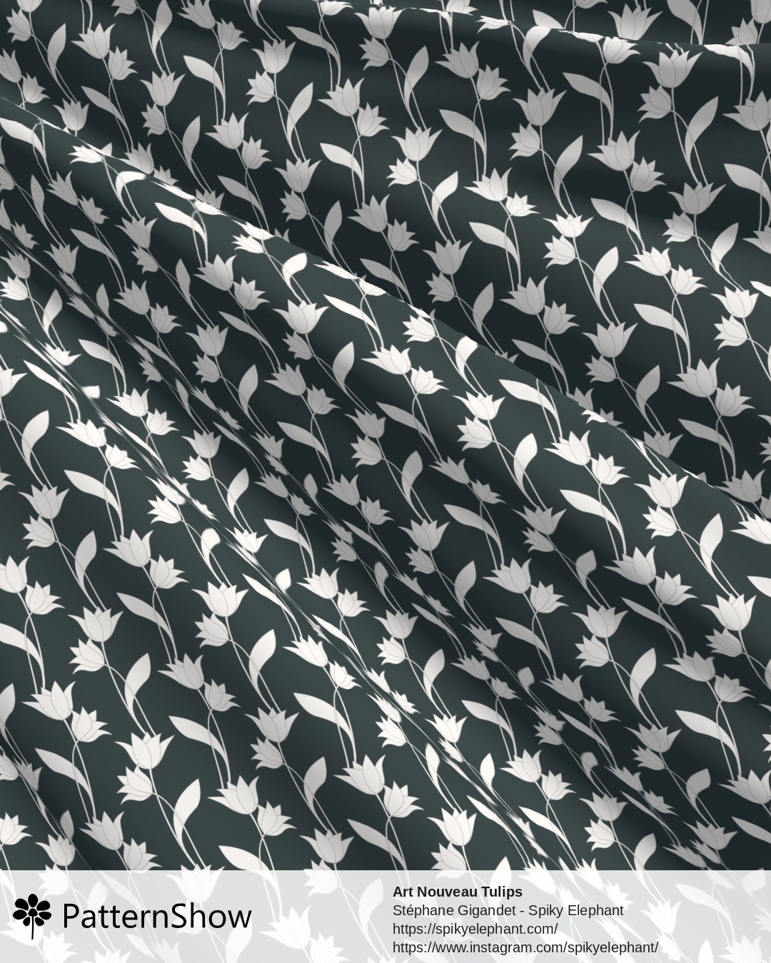 Art Nouveau Tulips - White on Dark Grey Teal