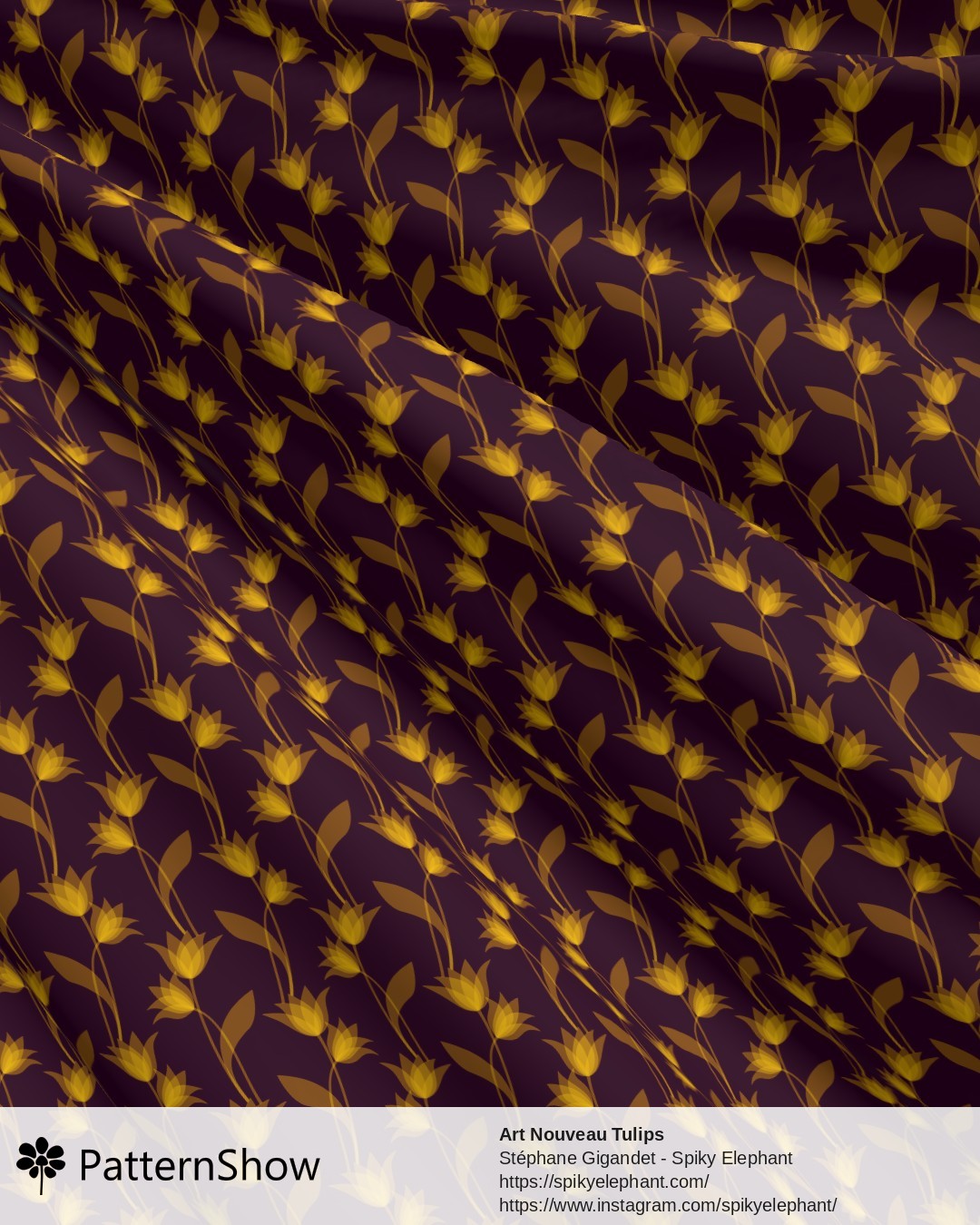 Art Nouveau Tulips - Golden Yellow on Dark Purple Burgundy