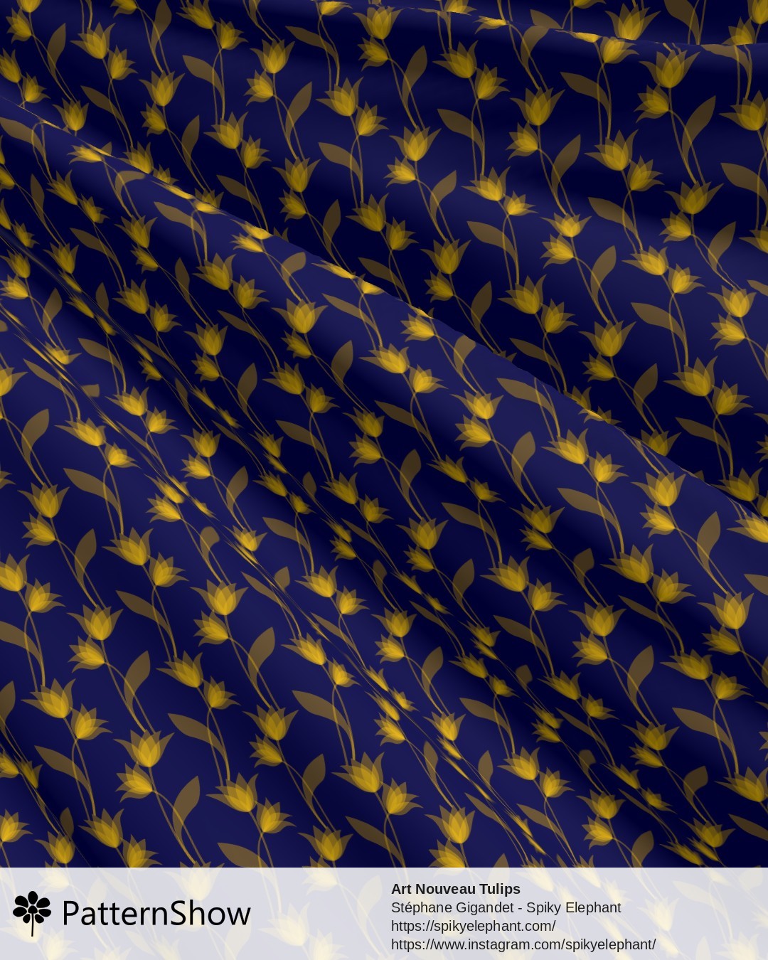 Art Nouveau Tulips - Golden Yellow on Midnight Navy Blue