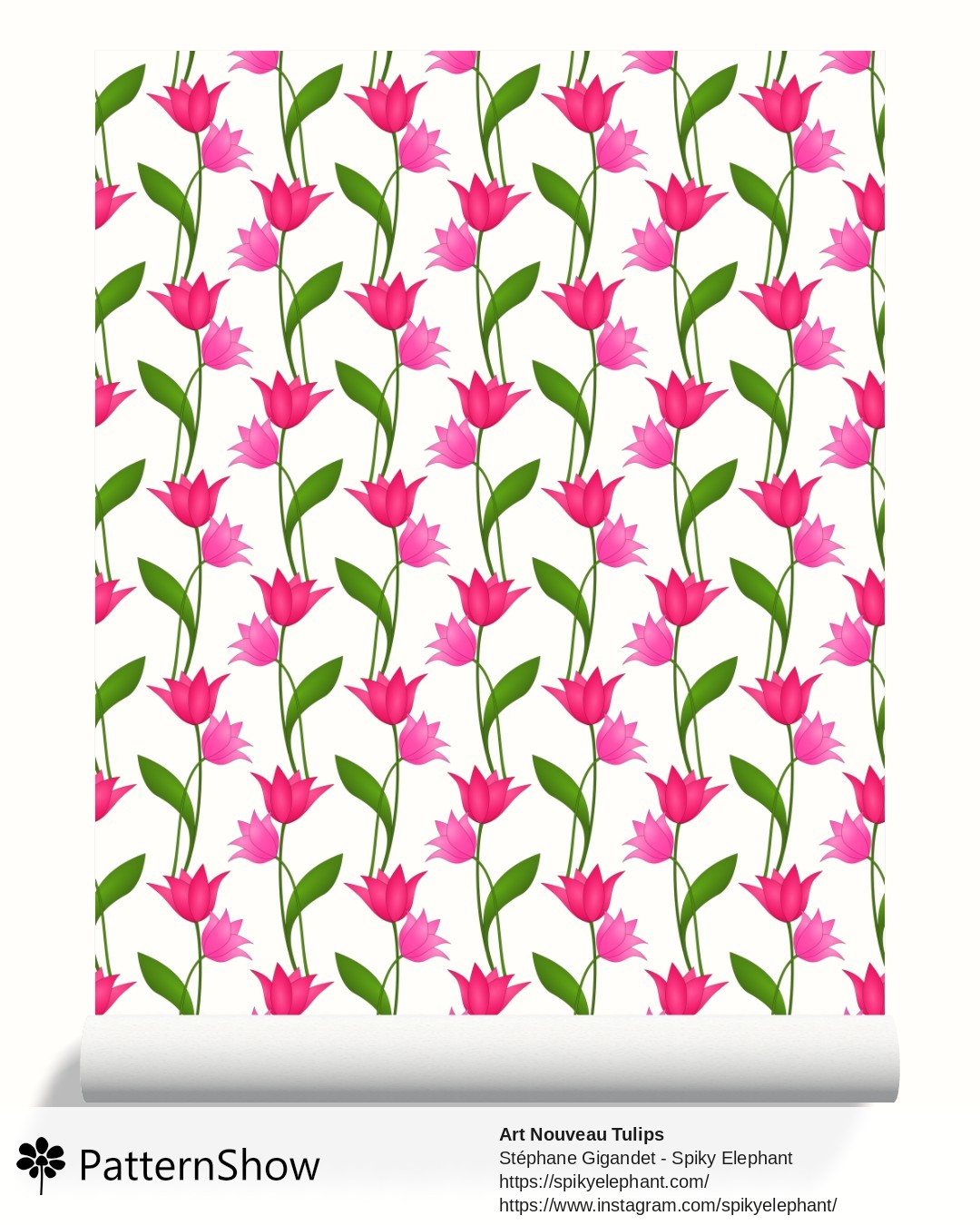 Art Nouveau Tulips wallpaper - Magenta Red Rose Pink on White