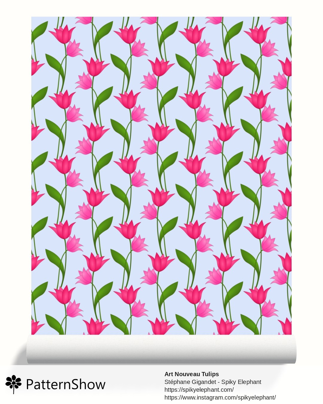 Art Nouveau Tulips wallpaper - Magenta Red Rose Pink on Light Blue