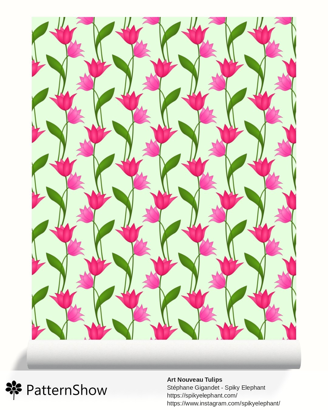 Art Nouveau Tulips wallpaper - Magenta Red Rose Pink on Light Green