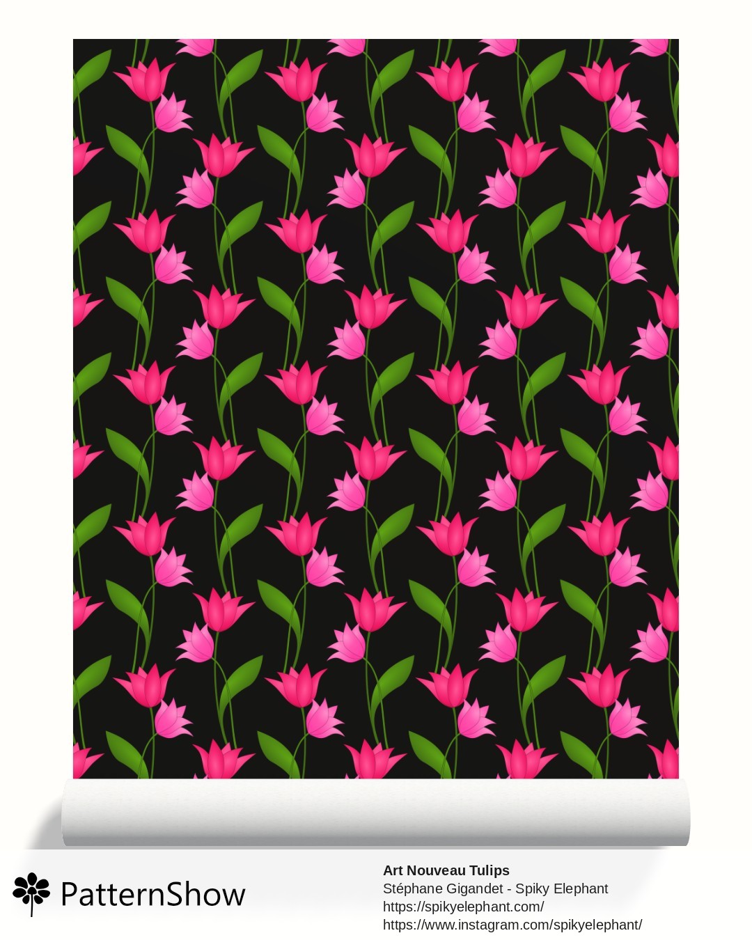 Art Nouveau Tulips wallpaper - Magenta Red Rose Pink on Black
