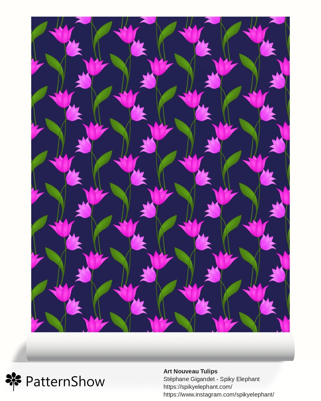 Art Nouveau Tulips wallpaper - Purple Mauve Pink Violet on Navy Blue