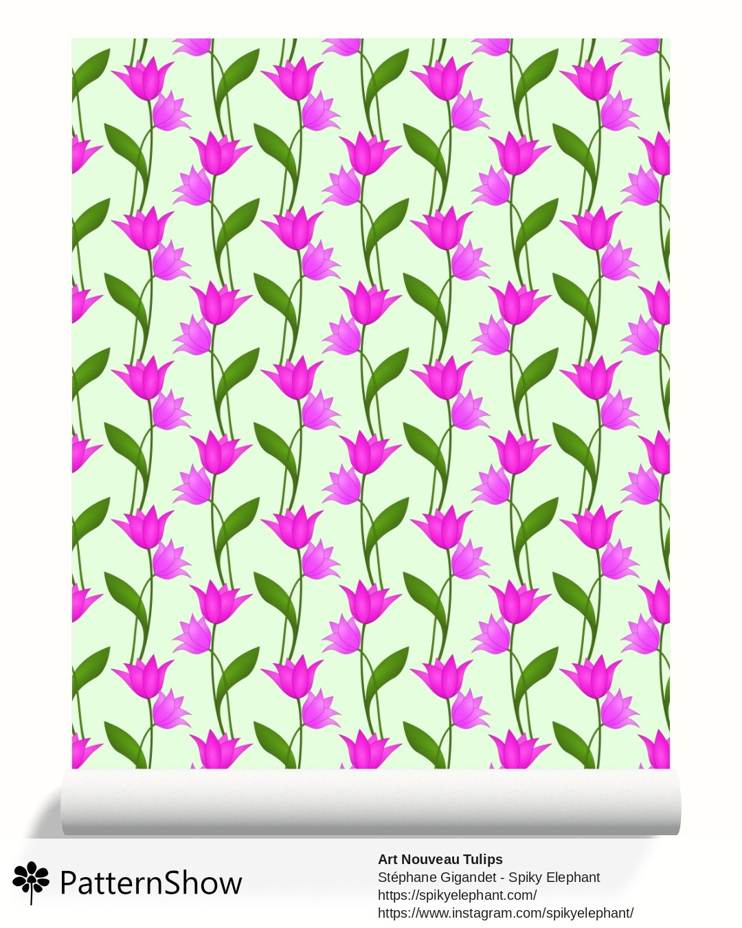 Art Nouveau Tulips wallpaper - Purple Mauve Pink Violet on Light Mint Green
