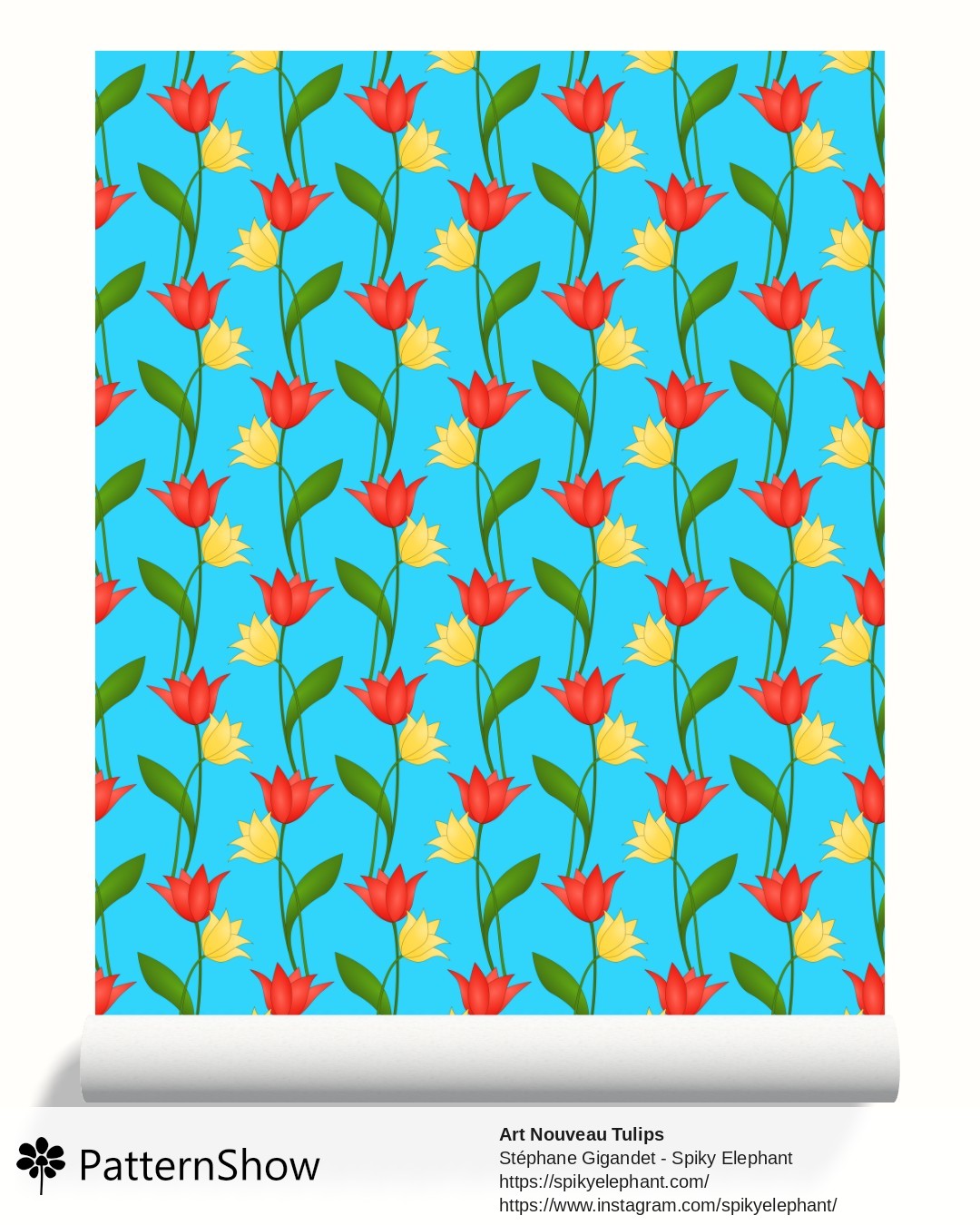 Art Nouveau Tulips wallpaper - Red Orange Yellow on Sky Blue