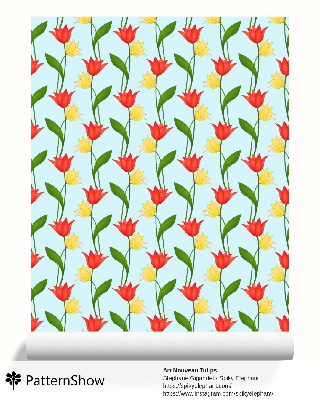 Art Nouveau Tulips wallpaper - Red Orange Yellow on Light Blue