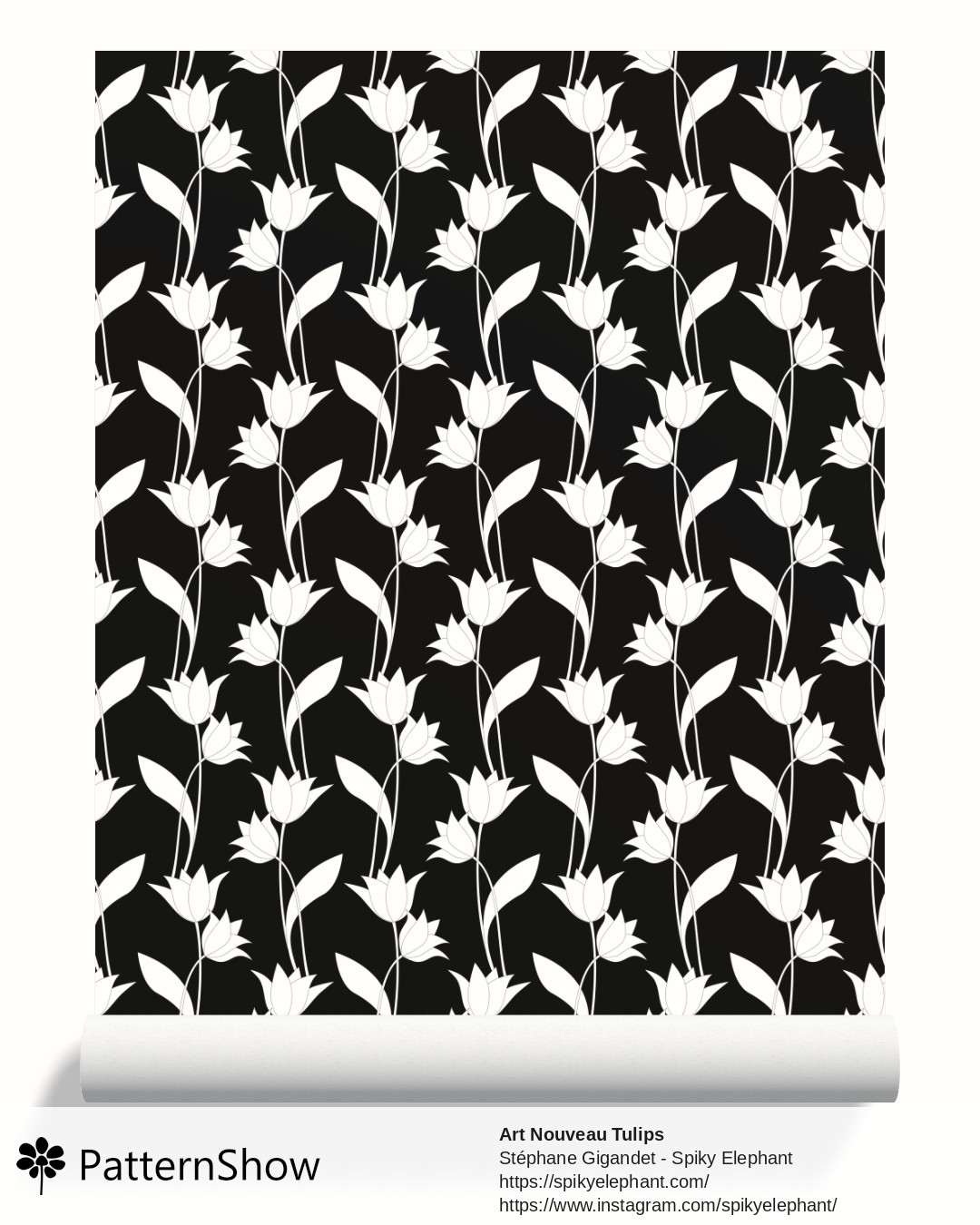 Art Nouveau Tulips wallpaper - White on Black