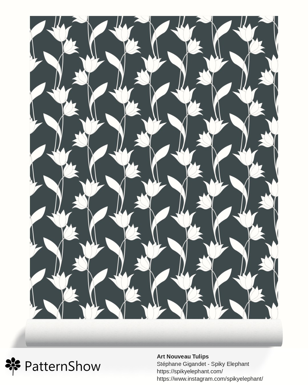 Art Nouveau Tulips wallpaper - White on Dark Grey Teal