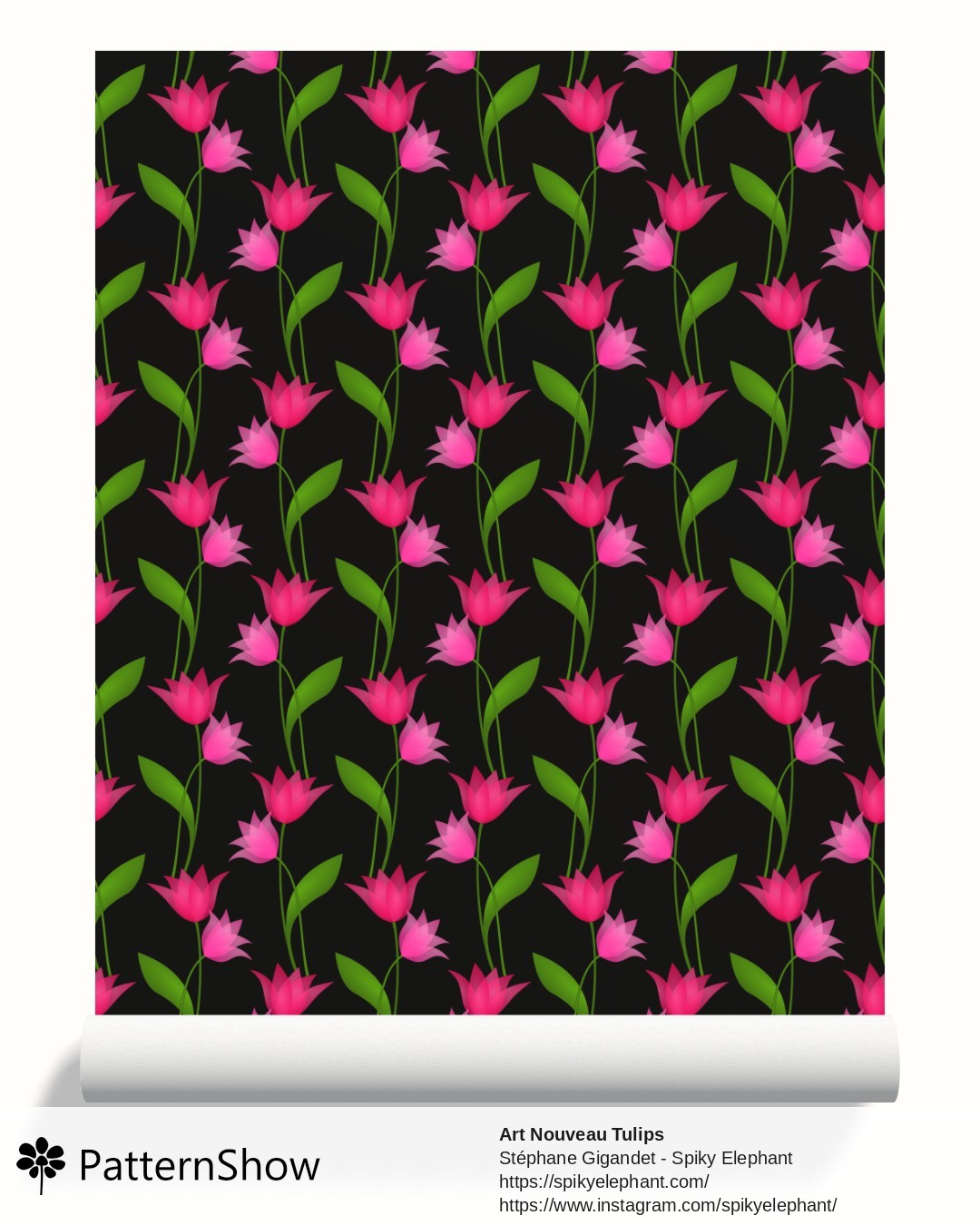 Art Nouveau Tulips wallpaper - Transparent Red Pink Fuschia on Black