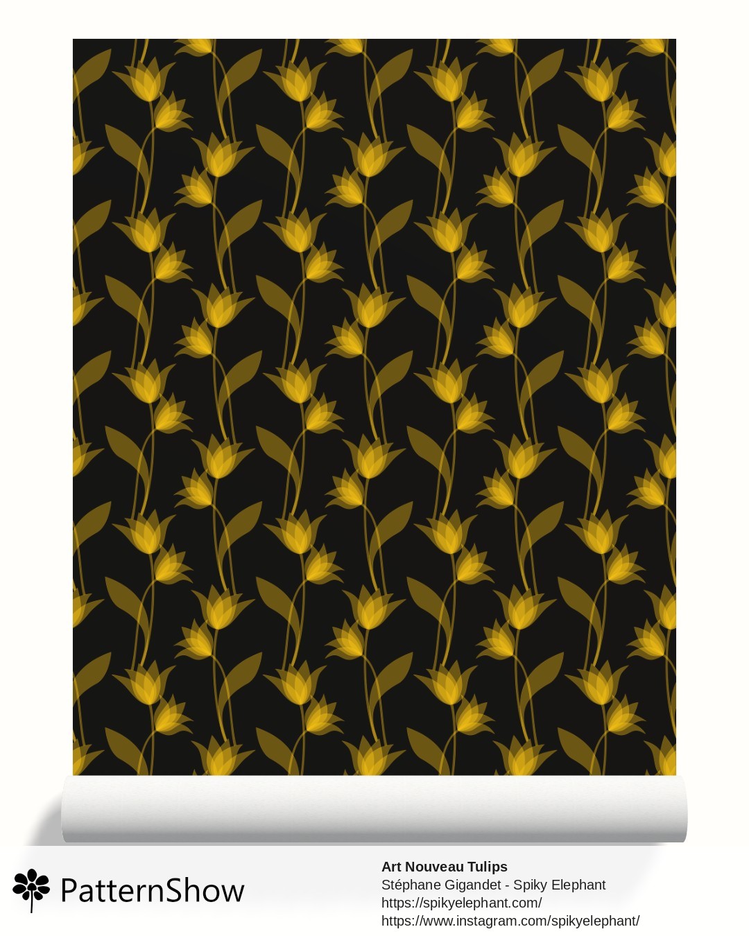 Art Nouveau Tulips wallpaper - Golden Yellow on Black