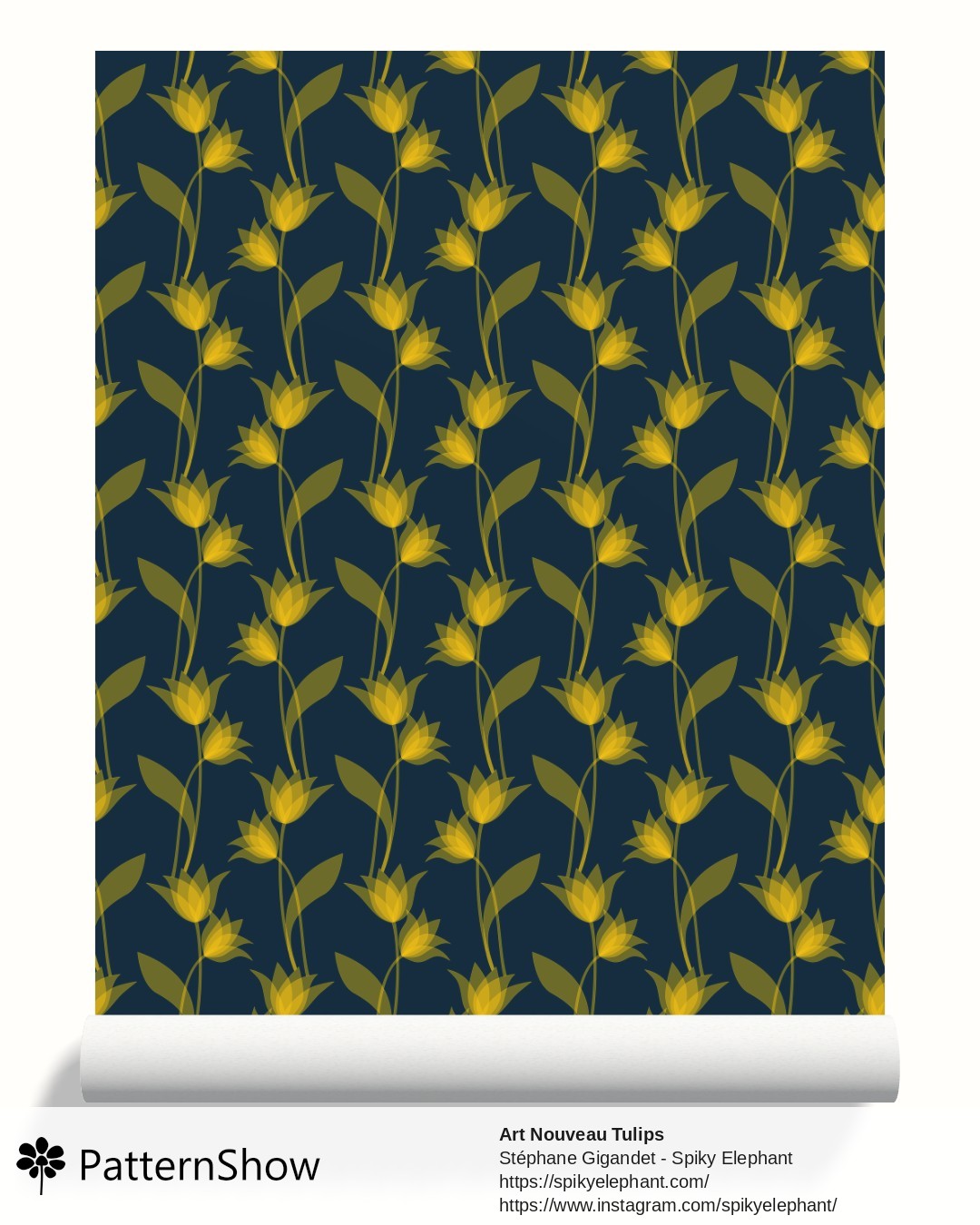 Art Nouveau Tulips wallpaper - Golden Yellow on Dark Teal