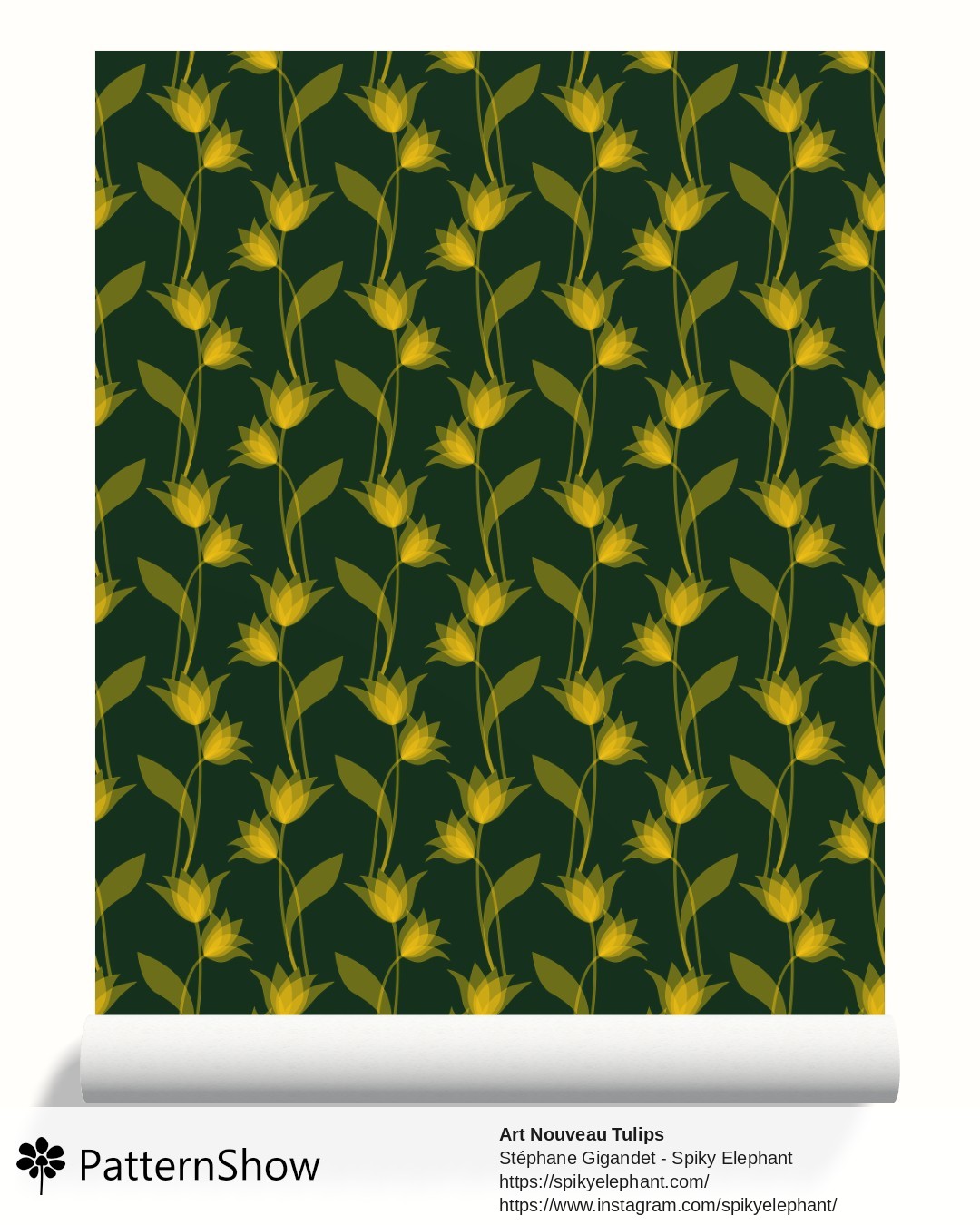 Art Nouveau Tulips wallpaper - Golden Yellow on Dark Emerald Green