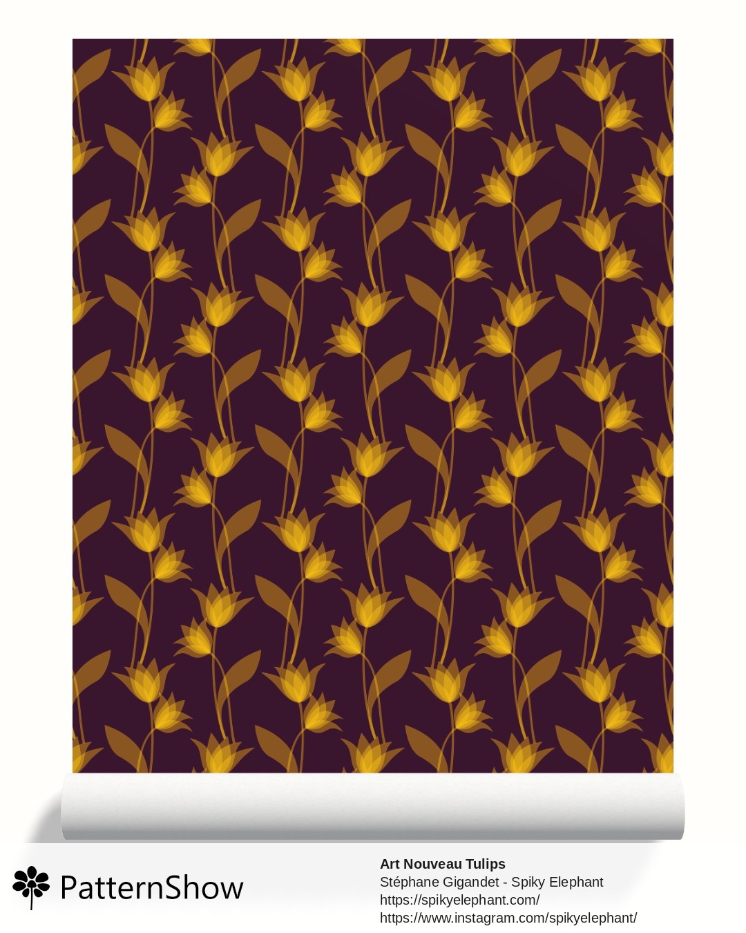 Art Nouveau Tulips wallpaper - Golden Yellow on Dark Purple Burgundy