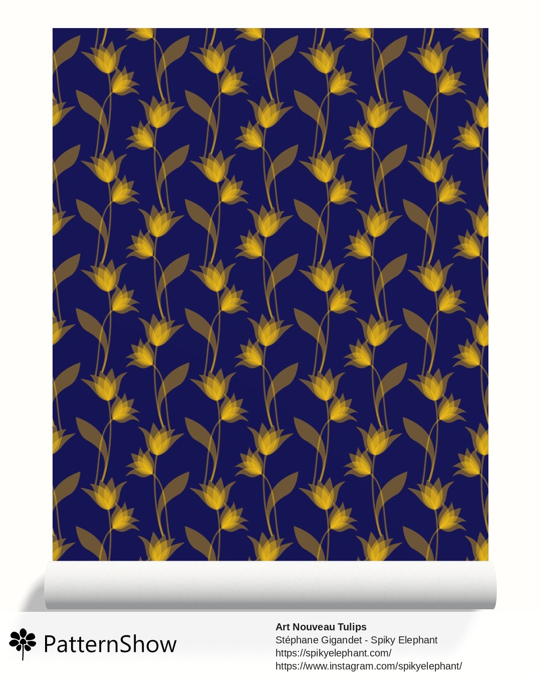 Art Nouveau Tulips wallpaper - Golden Yellow on Midnight Navy Blue