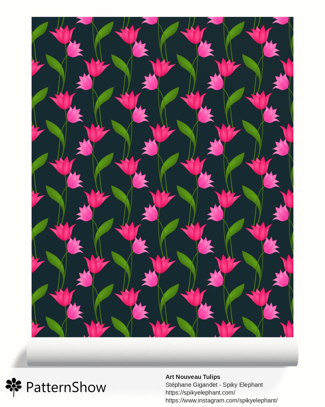 Art Nouveau Tulips wallpaper - Magenta Red Rose Pink on Peacock Blue