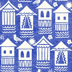 Coastal Beach Houses Boho Block Print - Cream on Blue