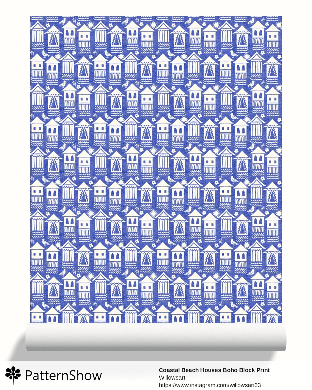 Coastal Beach Houses Boho Block Print wallpaper - Cream on Blue