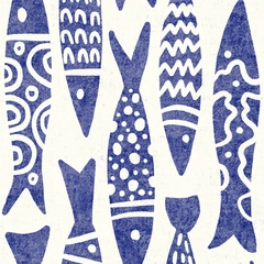 Coastal Ocean/Lake Fish Boho Block Print - Navy Blue on Cream