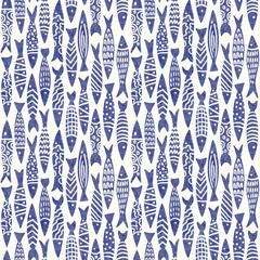 Coastal Ocean/Lake Fish Boho Block Print - Navy Blue on Cream
