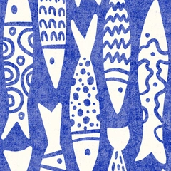 Coastal Ocean/Lake Fish Boho Block Print - White on Royal Blue
