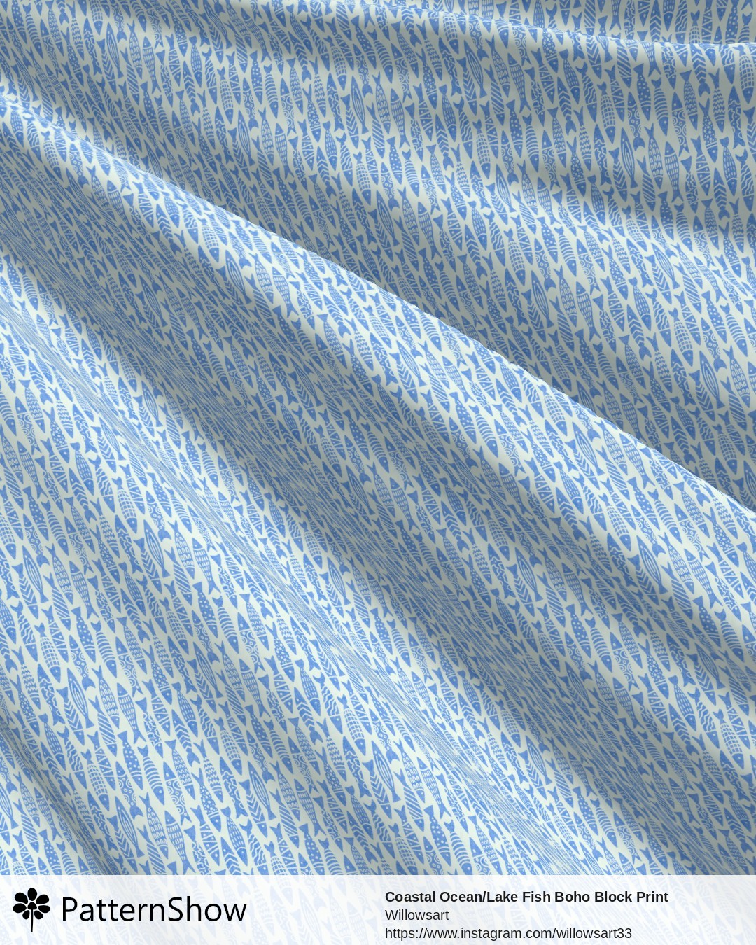 Coastal Ocean/Lake Fish Boho Block Print - Blue on Seafoam