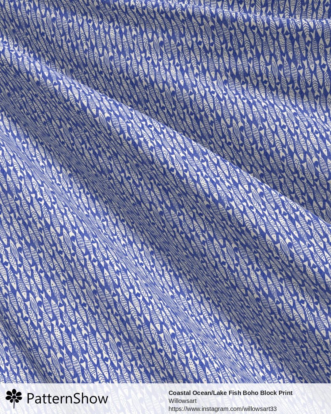 Coastal Ocean/Lake Fish Boho Block Print - White on Royal Blue
