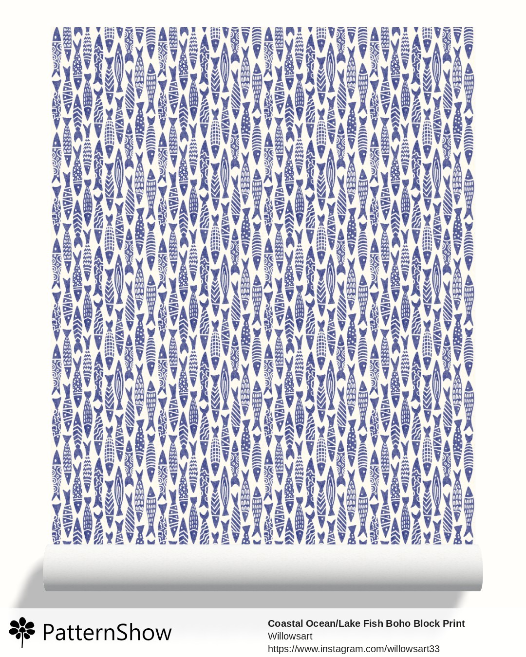 Coastal Ocean/Lake Fish Boho Block Print wallpaper - Navy Blue on Cream
