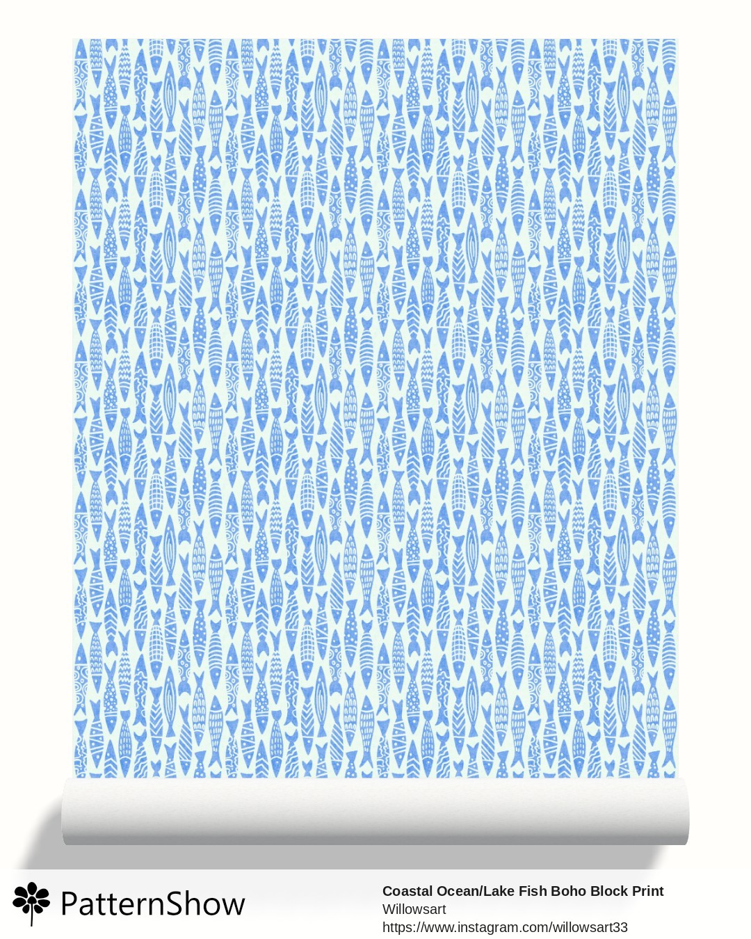 Coastal Ocean/Lake Fish Boho Block Print wallpaper - Blue on Seafoam