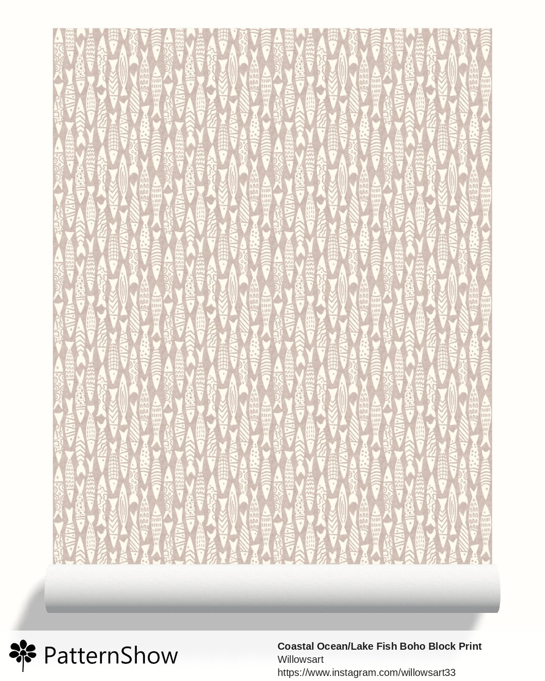 Coastal Ocean/Lake Fish Boho Block Print wallpaper - Cream on Sand