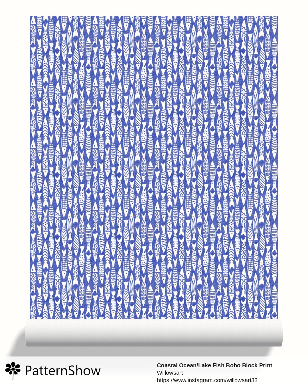 Coastal Ocean/Lake Fish Boho Block Print wallpaper - White on Royal Blue