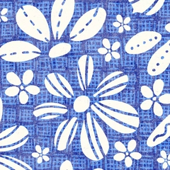 Beach Floral Block Print Boho Coastal Botanical - Royal Blue and White