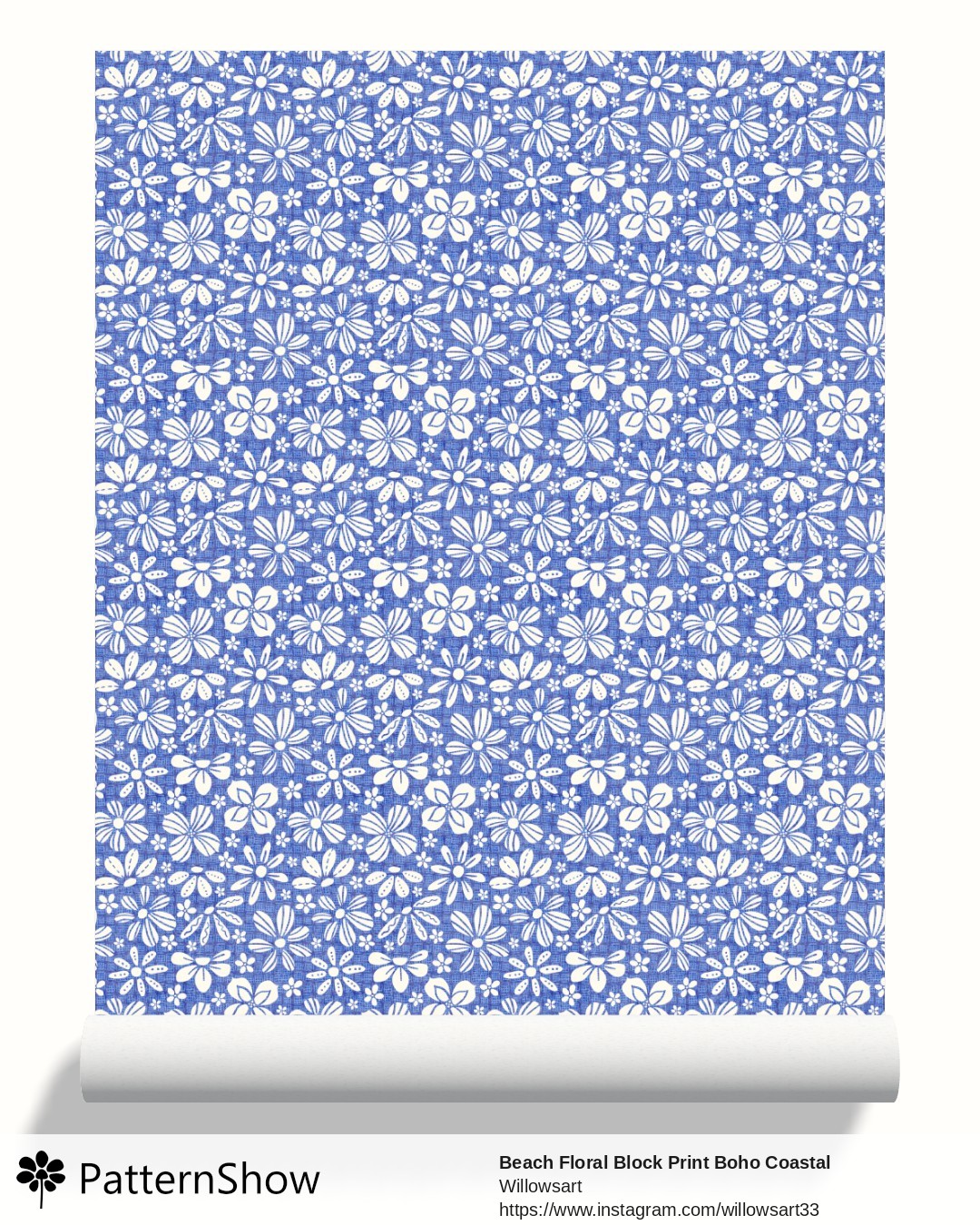 Beach Floral Block Print Boho Coastal Botanical wallpaper - Royal Blue and White